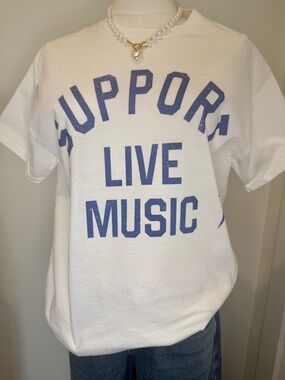 Support Live Music White Graphic Tee Super Mrkt